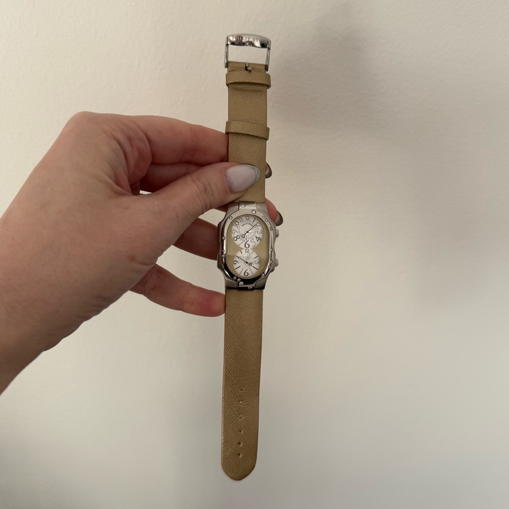 Philip Stein unworn brushed gold teslar watch needs battery diamonds